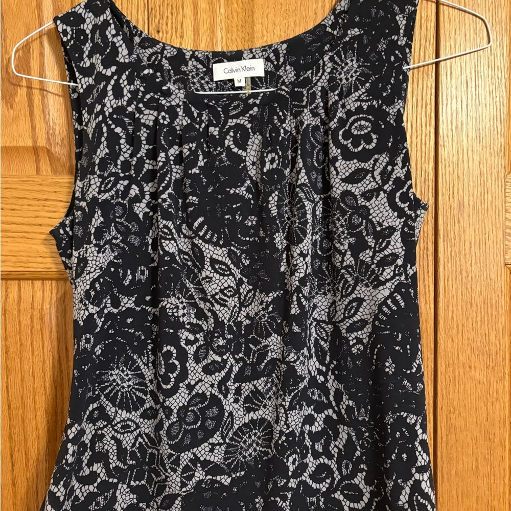 Calvin Klein Black and Gray Pleated Sleeveless Blouse